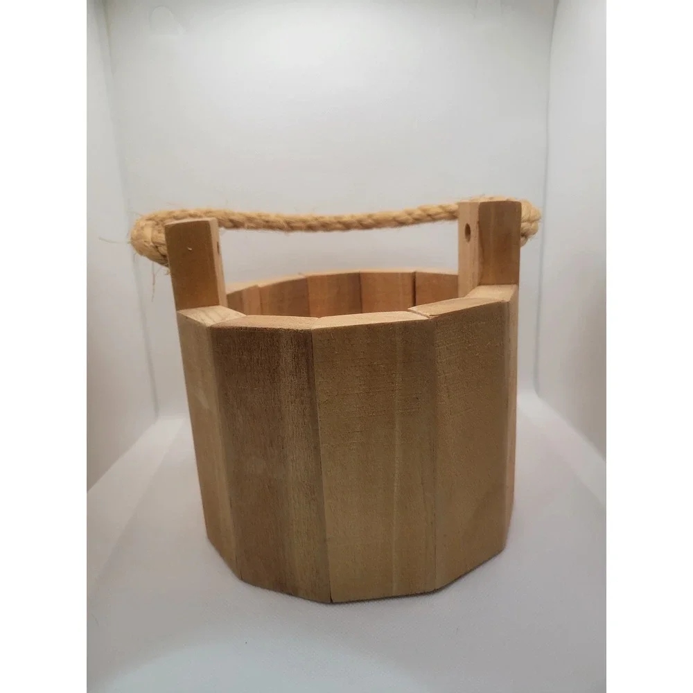 Rustic Wooden Bucket Planter with Jute Rope Handle Natural Farmhouse Decor 7.5in